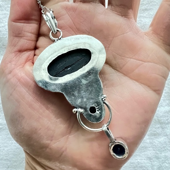 925 Gorgeous! Ornate RAW Black Tourmaline + Tanzanite Pendant Necklace - Picture 7 of 9